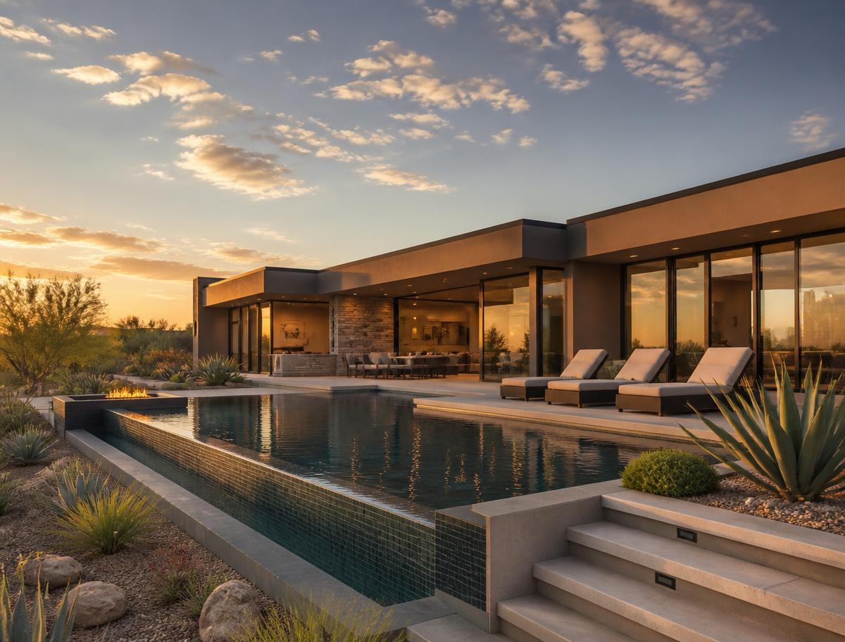 Illustrative luxury Arizona desert vacation home with a resort-style pool at sunset